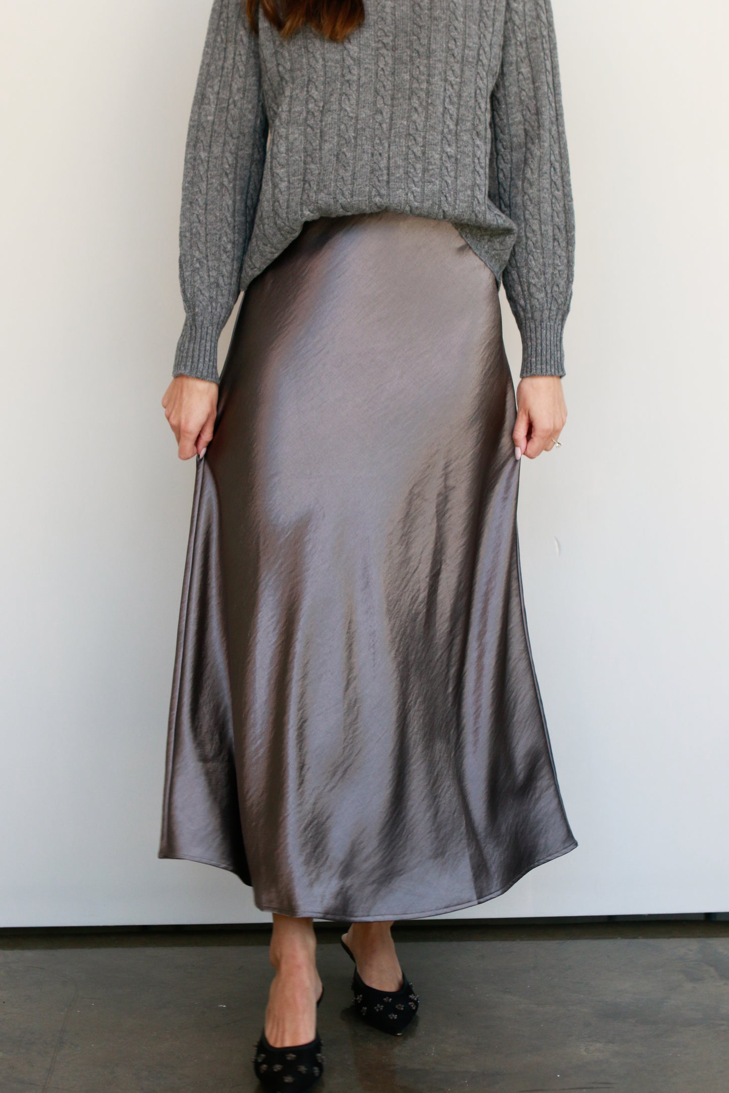 Pewter Satin Midi Skirt