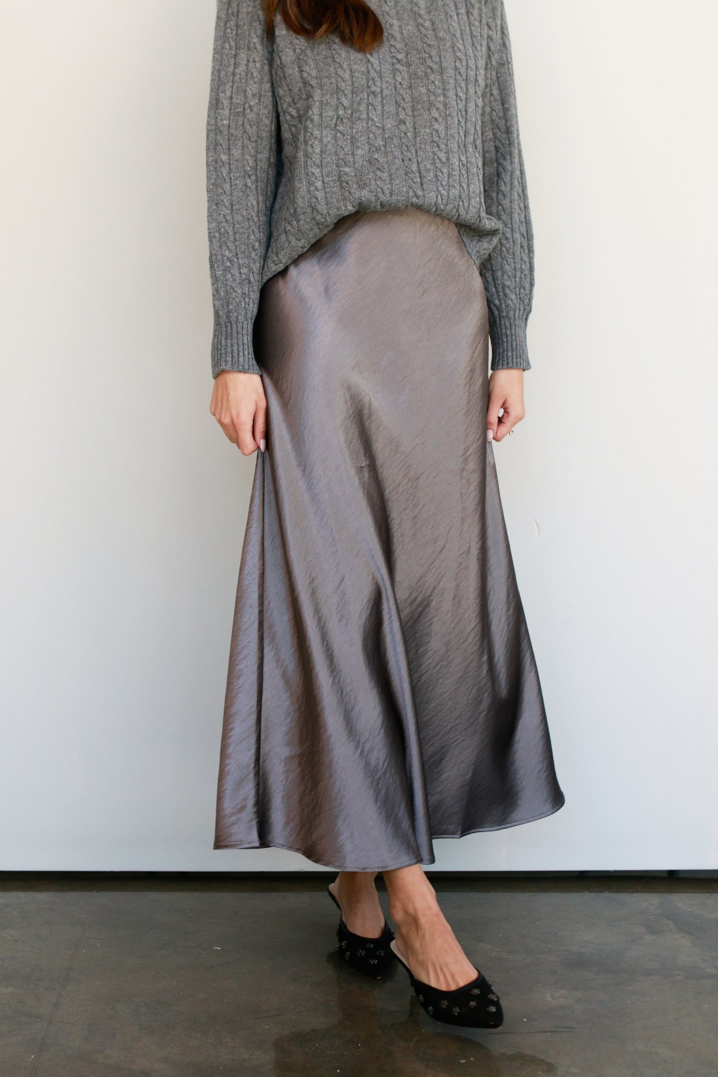 Pewter Satin Midi Skirt