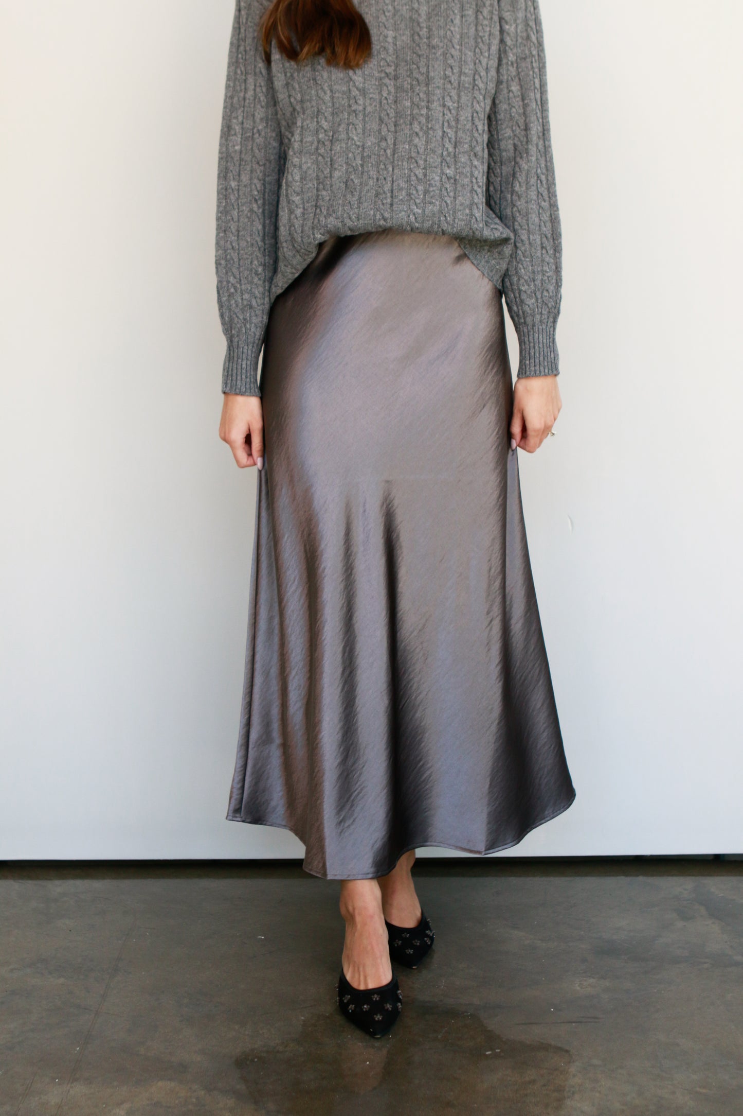 Pewter Satin Midi Skirt