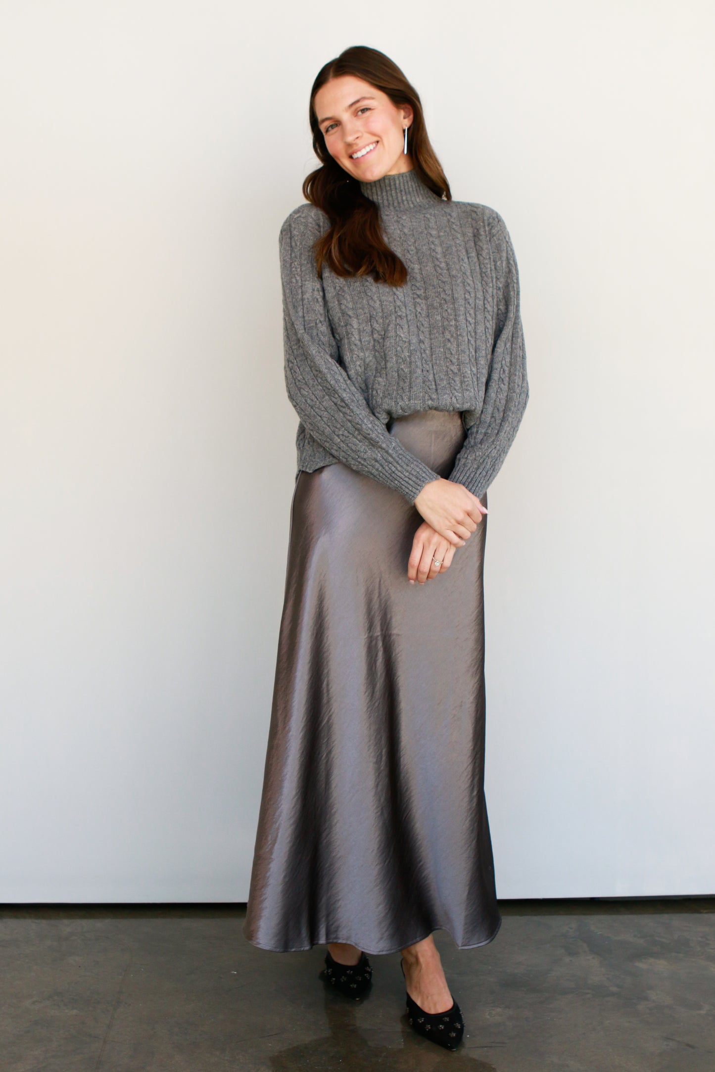 Pewter Satin Midi Skirt