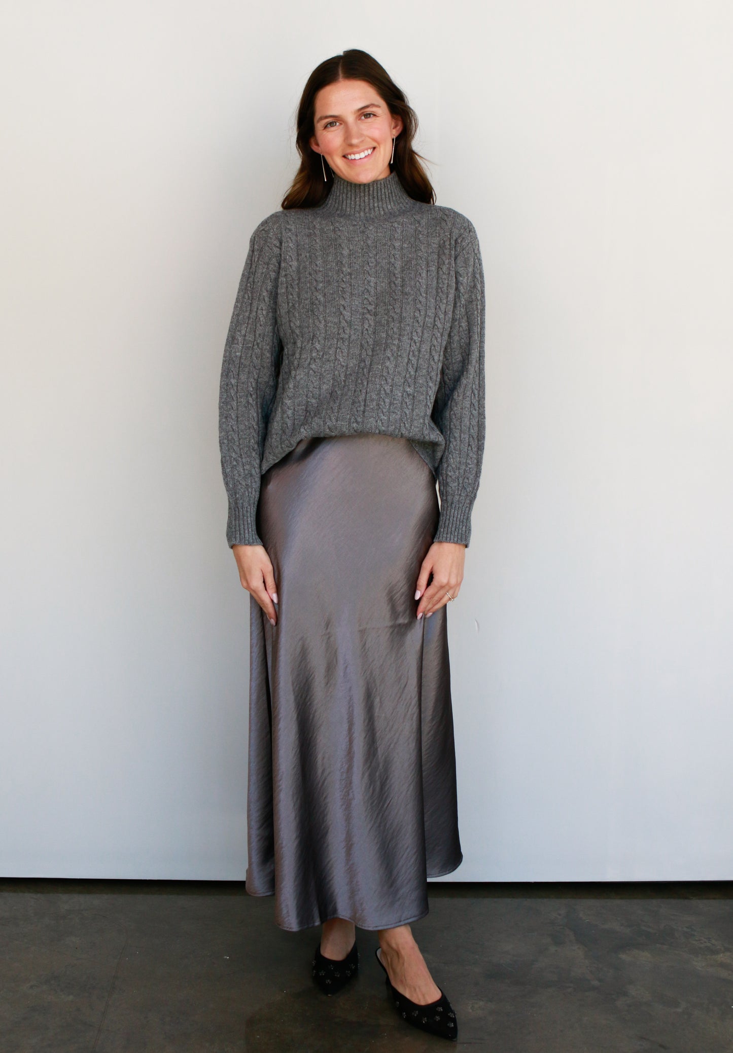 Pewter Satin Midi Skirt