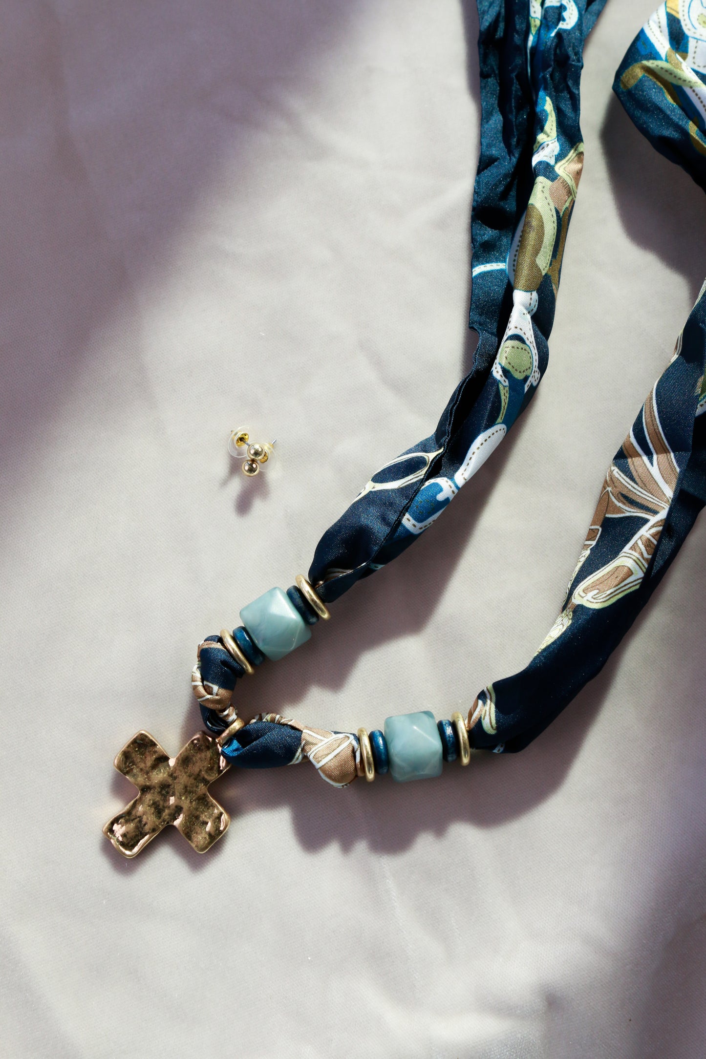 Navy Scarf with Cross Pendant Necklace