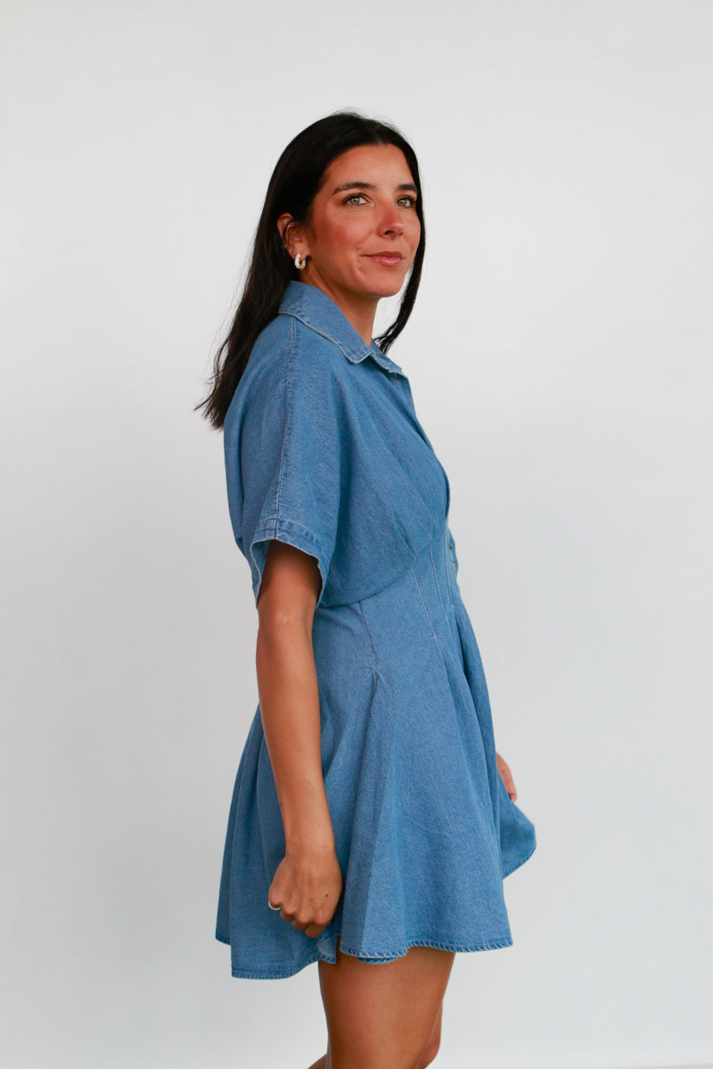 Pleated Denim Mini Dress