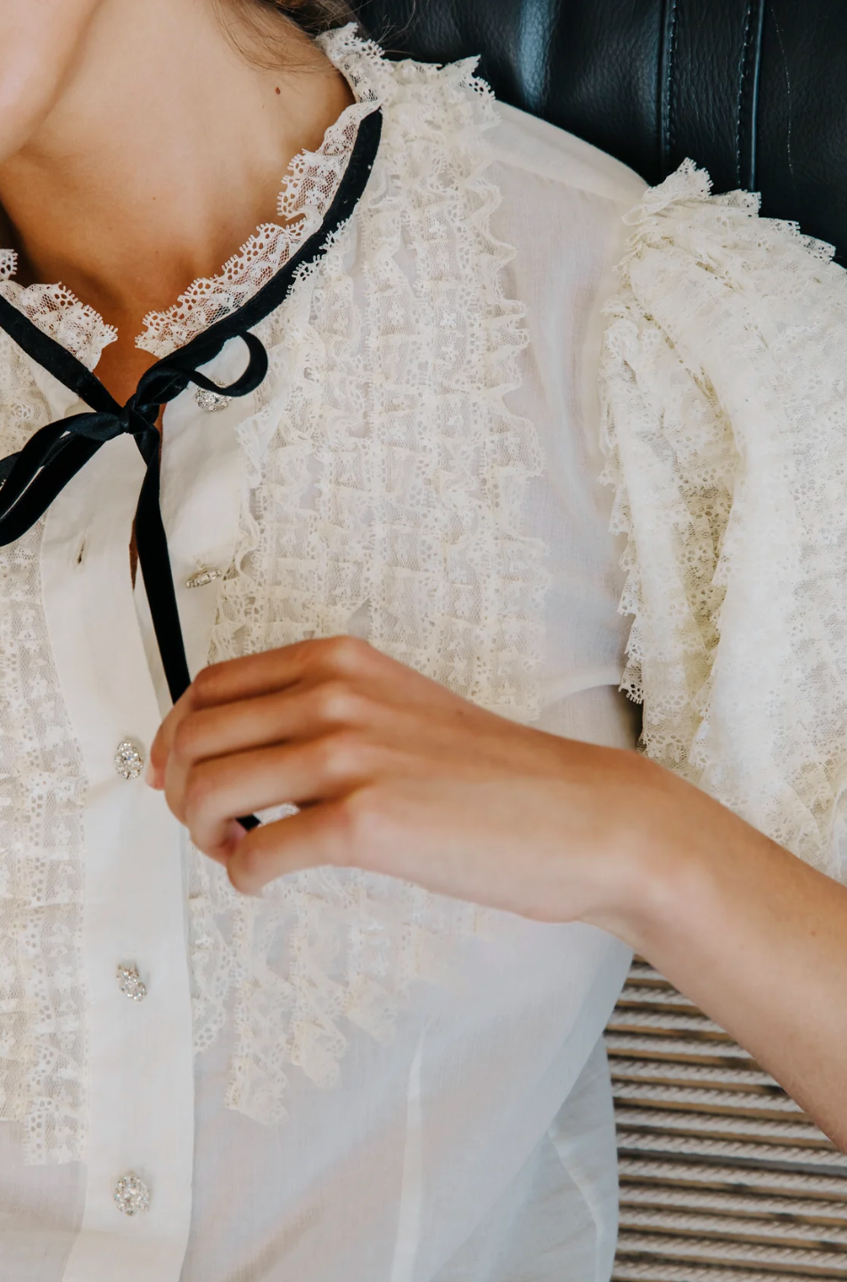 ruffle sleeve white blouse with crustal buttons love the label