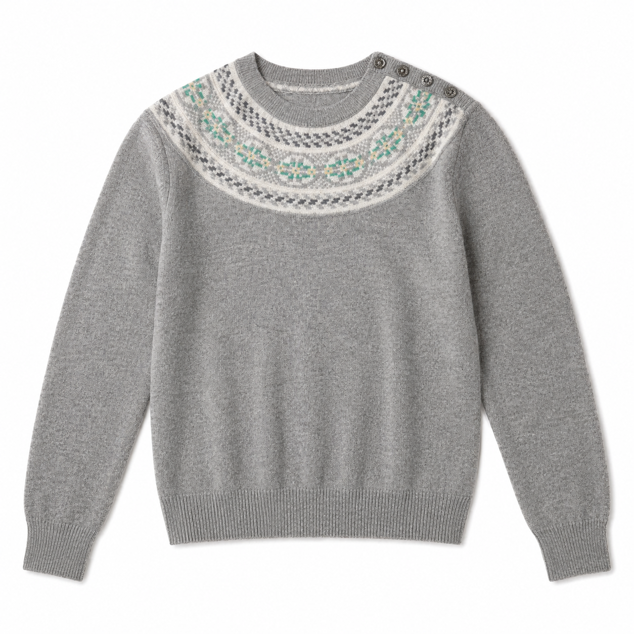 A gray knit sweater with a decorative yoke featuring gray, white, and turquoise geometric patterns, three metal snap buttons at the collar, and ribbed cuffs and hem.