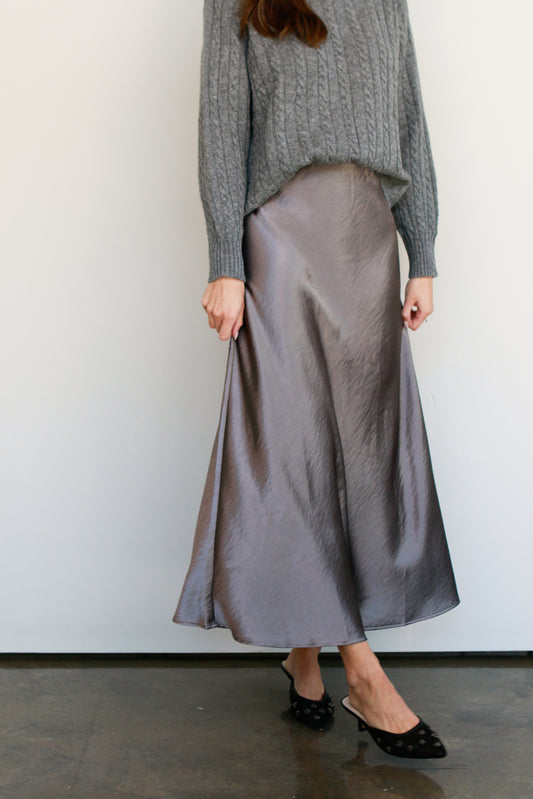 Pewter Satin Midi Skirt