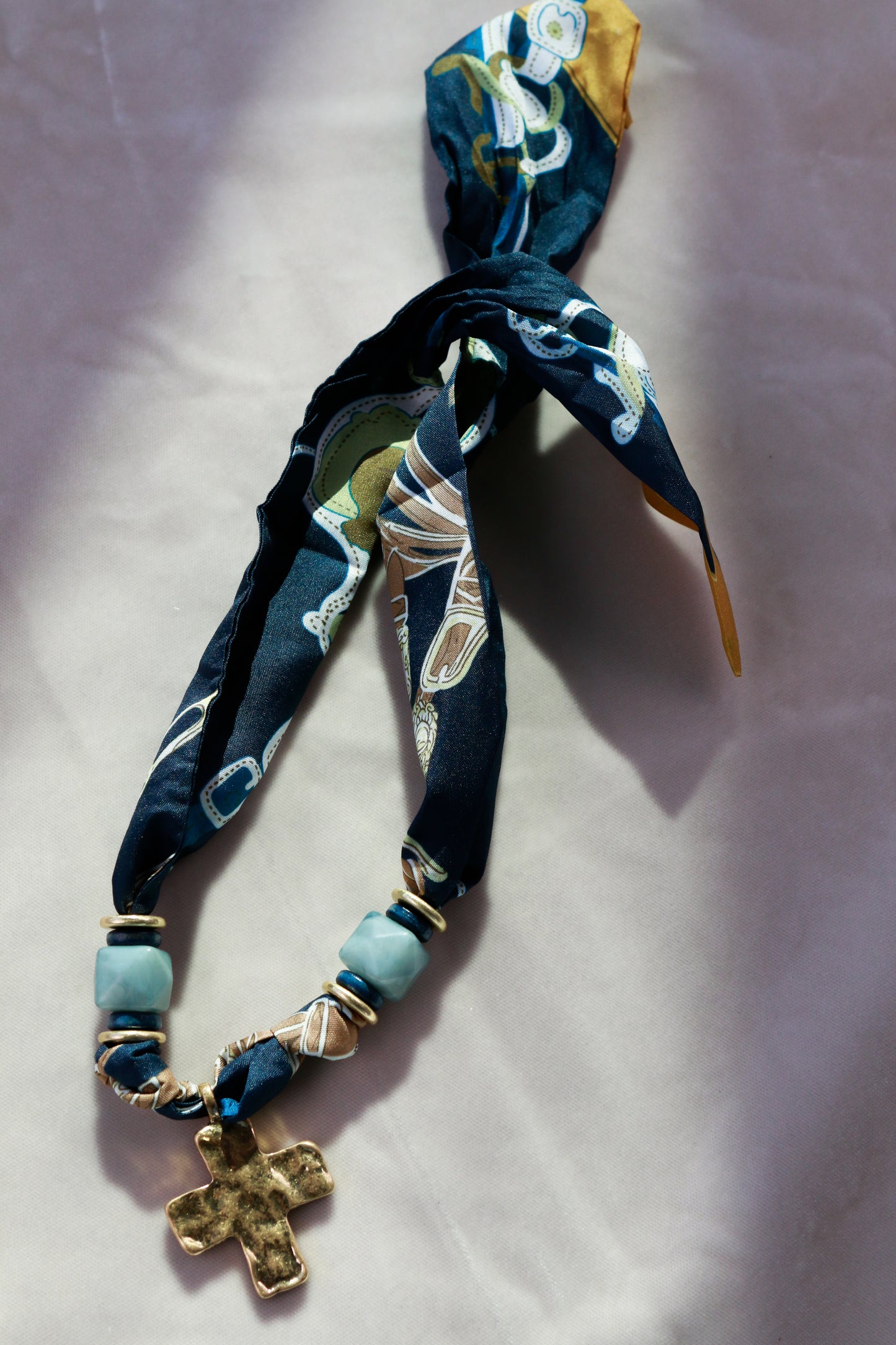 Navy Scarf with Cross Pendant Necklace