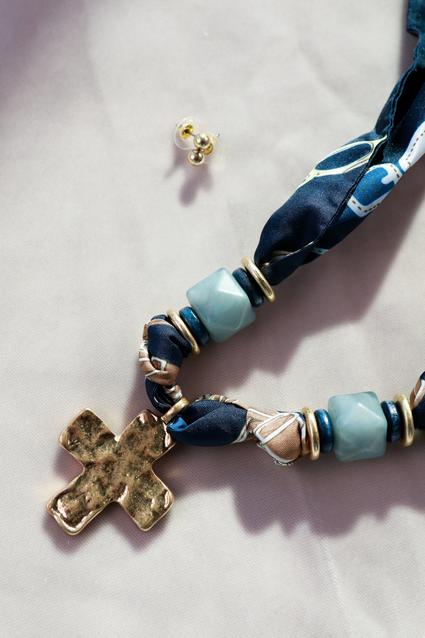 Navy Scarf with Cross Pendant Necklace