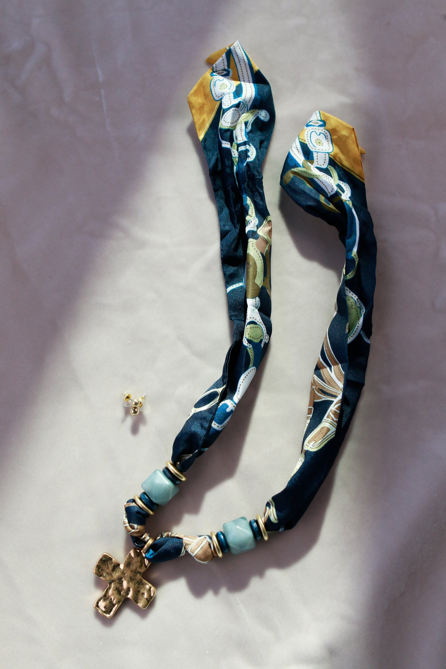 Navy Scarf with Cross Pendant Necklace