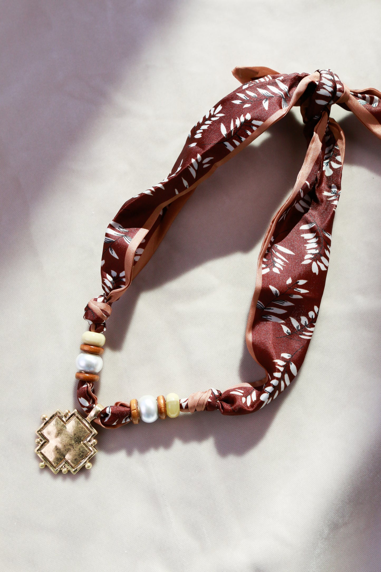 Brown Scarf Necklace with Cross Pendant