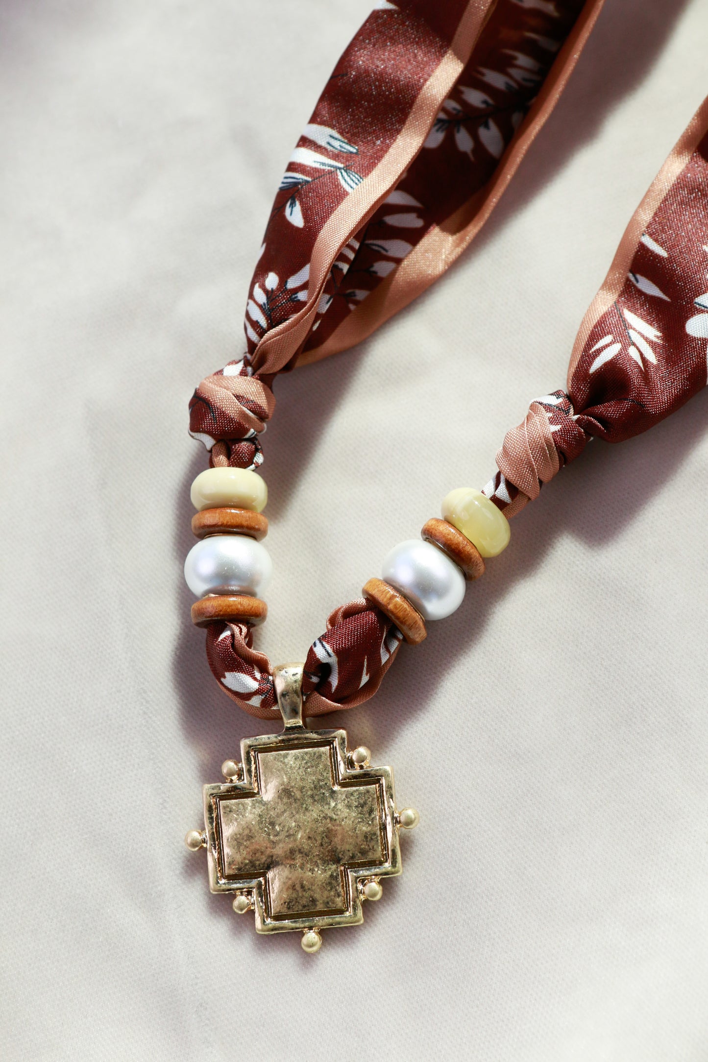 Brown Scarf Necklace with Cross Pendant