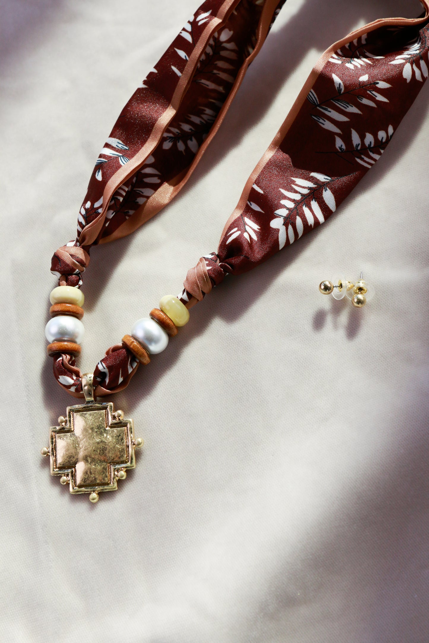 Brown Scarf Necklace with Cross Pendant