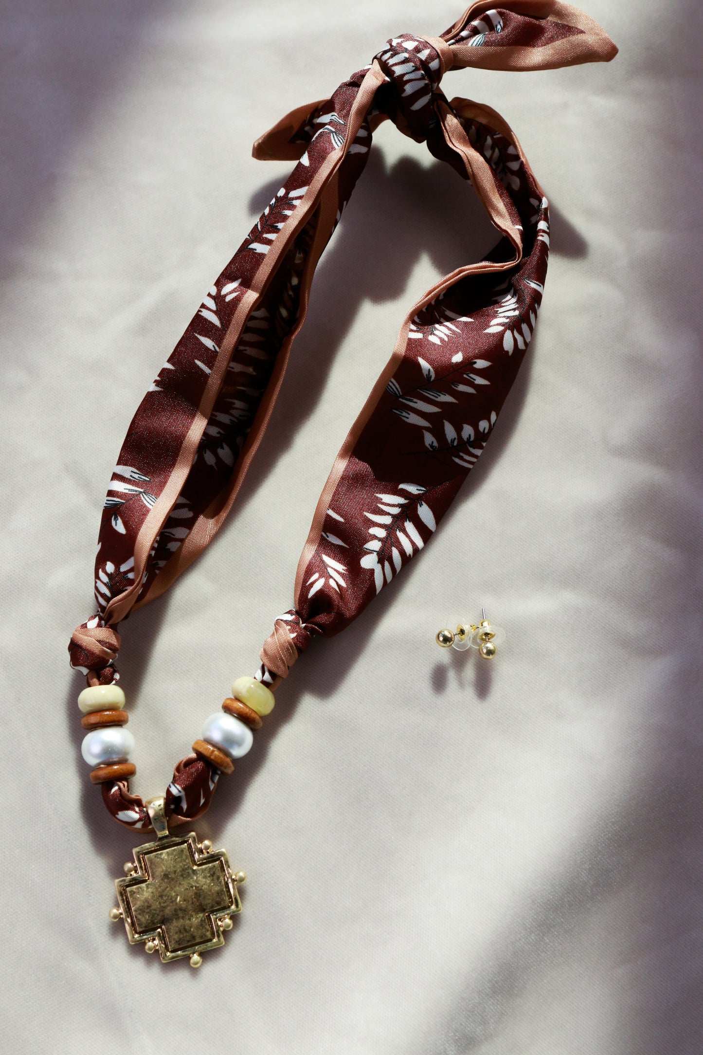 Brown Scarf Necklace with Cross Pendant