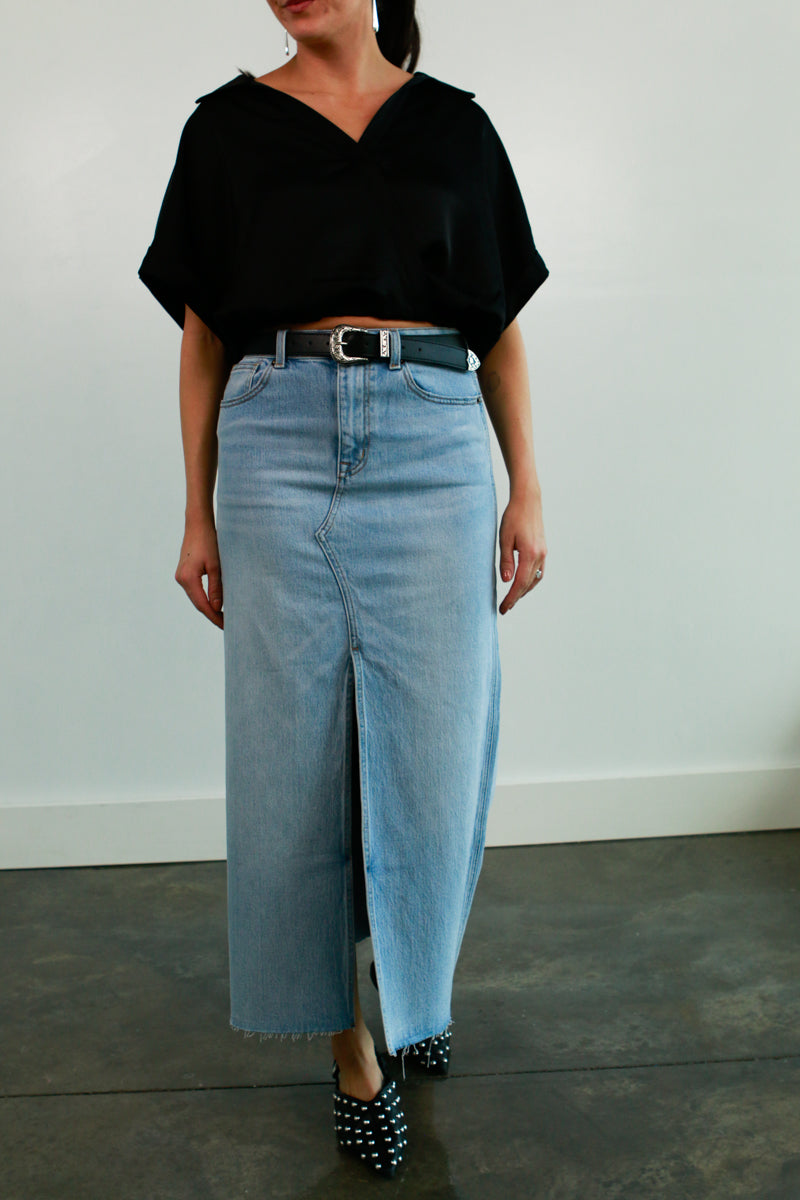 Front Slit Denim Midi Skirt