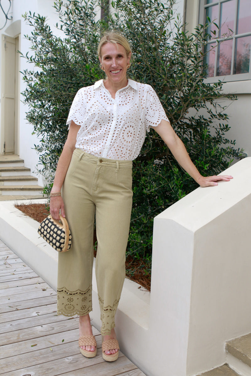 Olive Eyelet Pants