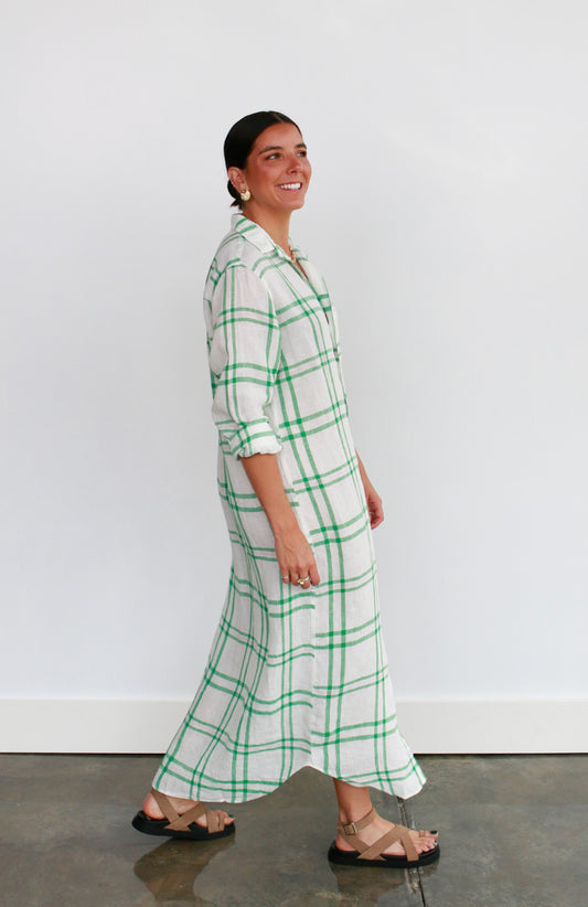Rory Maxi Shirtdress in White/Gren/Pink Plaid