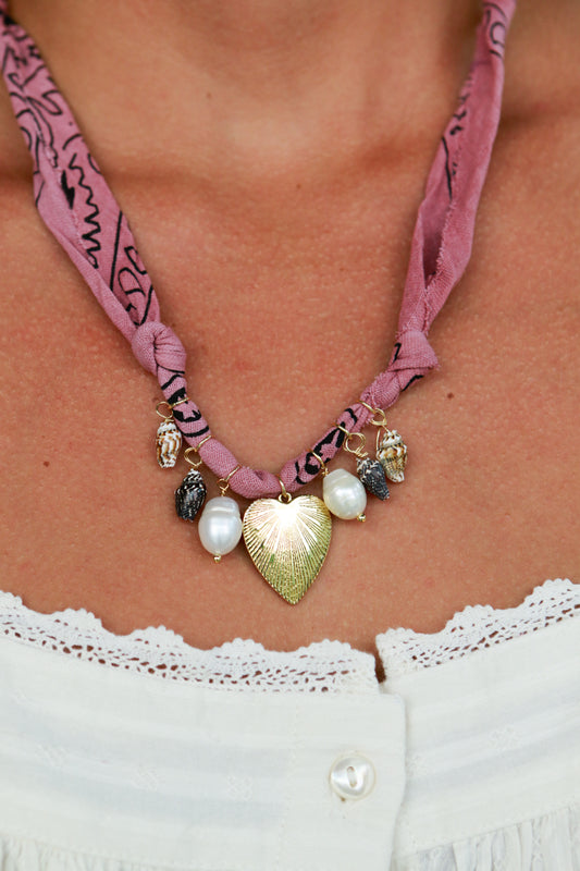 Gold Heart, Pearl and Shell Bandana Necklace