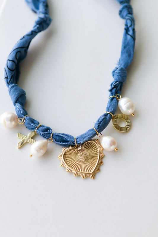 Gold Heart, Shell and XO Blue Bandana Necklace