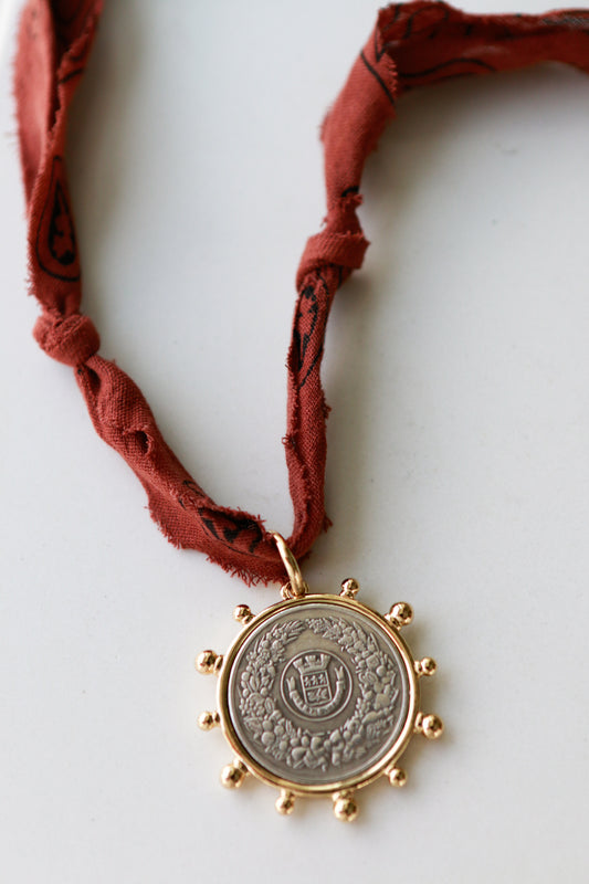 Silver Vintage French Coin Amber Bandana Necklace