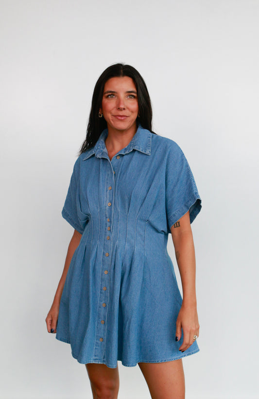 Pleated Denim Mini Dress