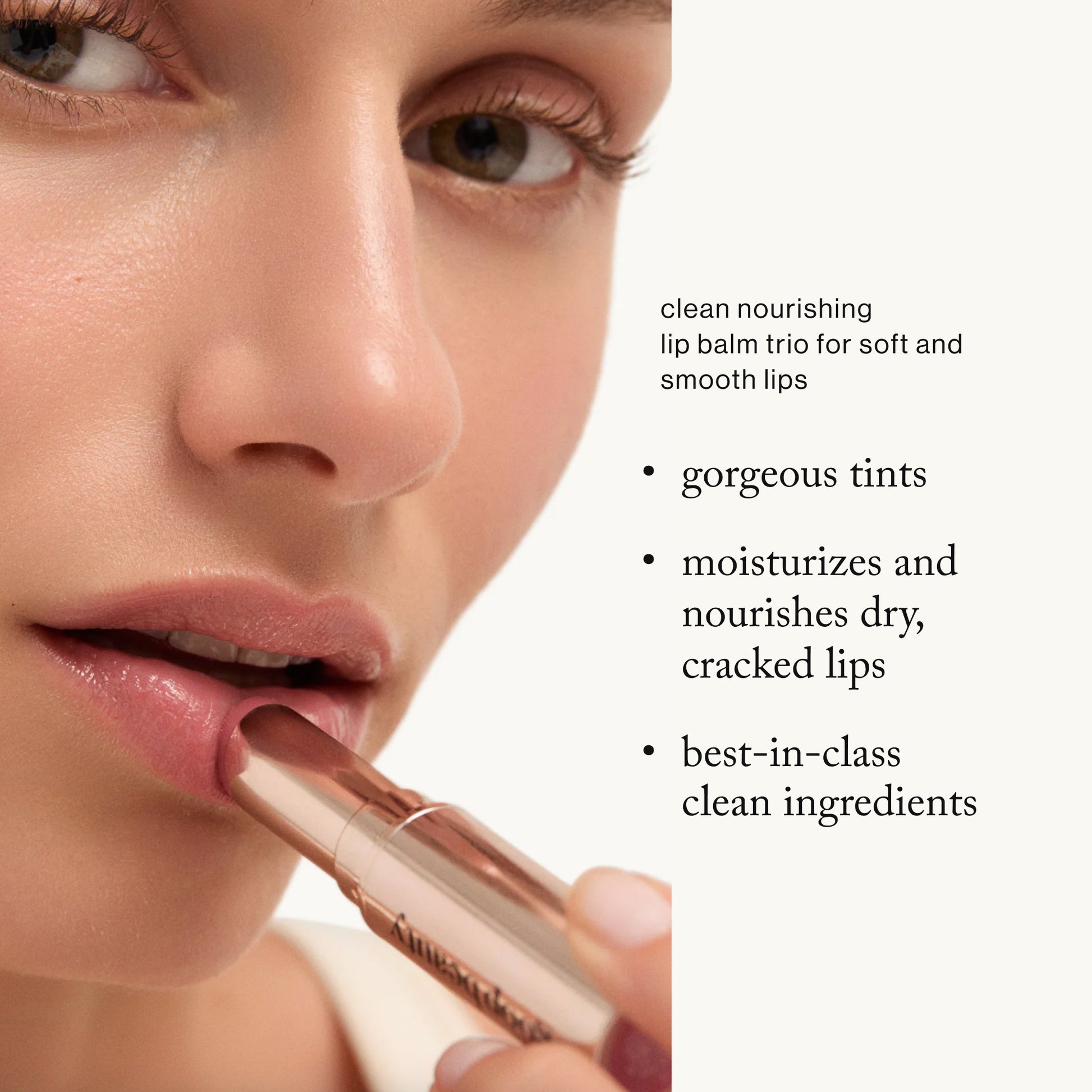Woman applying lip balm with text about a lip balm trio on a white background