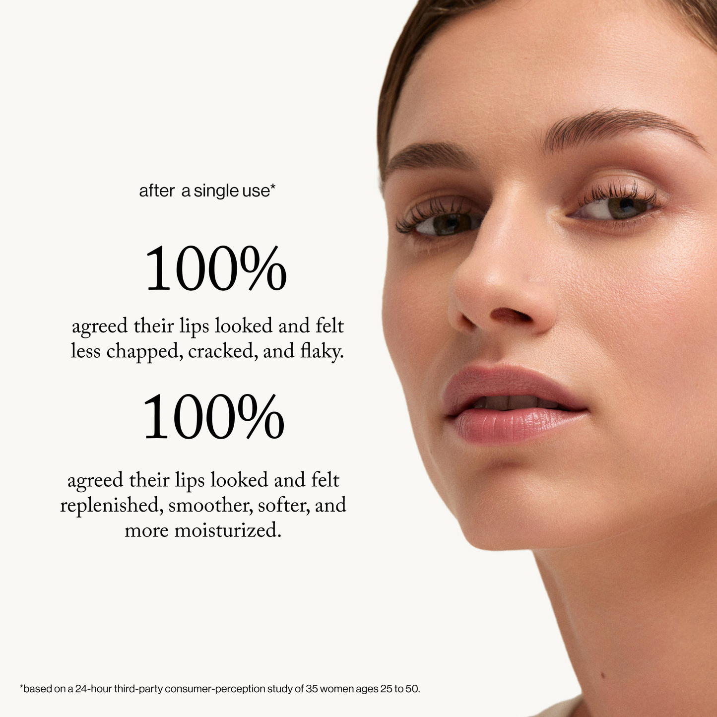 Woman's face with text about lip product effectiveness