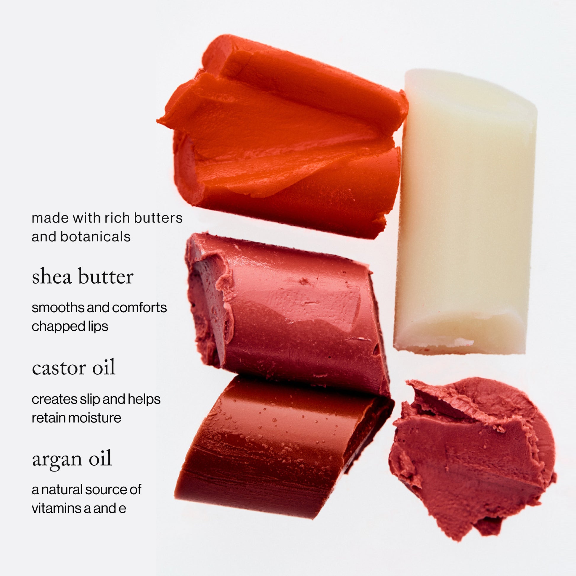 Shea butter, castor oil, and argan oil on a white background with text describing their uses.